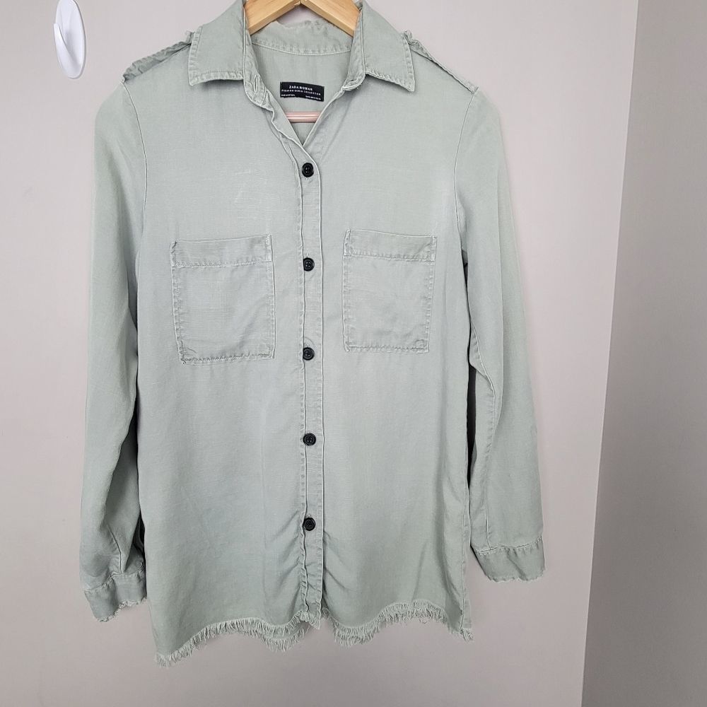 Zara Woman Premium Denim Long Sleeve Button Up Raw Hem Green Shirt Small